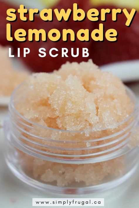 DIY Strawberry Lemonade Lip Scrub – exfoliate and moisturize dry lips with this homemade Strawberry lemonade lip scrub. Peppermint Lip Scrub, Homemade Lip Scrub, Exfoliating Products, Homemade Strawberry Lemonade, Diy Lip Balm Recipes, Diy Sugar Scrub Recipe, Diy Lip Scrub, Diy Sugar Scrub, Coffee Face Scrub