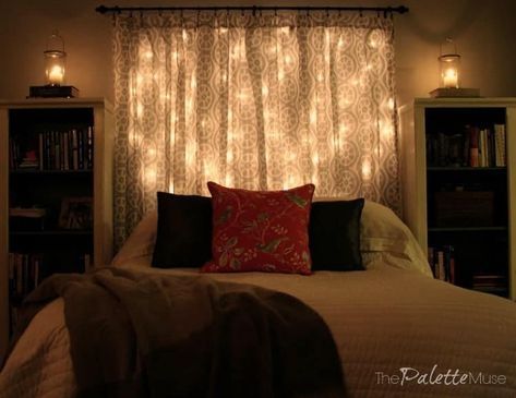 This lit headboard doubles as decoration and reading light. Find out how to make your own! Budget Bedroom Makeover, Farmhouse Headboard, Simple Headboard, Head Boards, How To Make Headboard, Headboard Ideas, Rustic Headboard, Fairy Lights Bedroom, Budget Bedroom