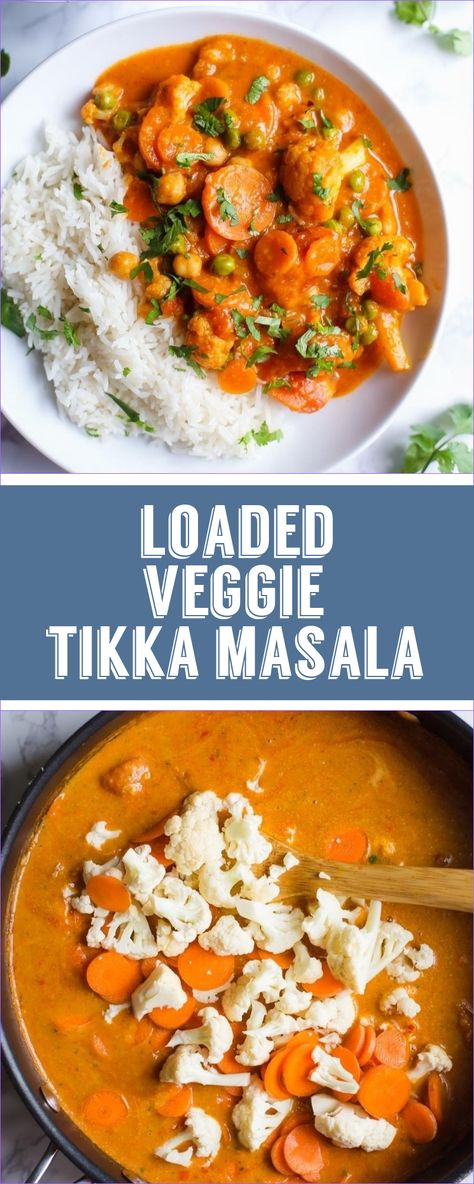 Loaded Veggie Tikka Masala- this vegan tikka masala is easy to make, FULLY vegan, and loaded with delicious vegetables and chickpeas! #plantbased #vegan #dinner #healthy Vegan Tikka Masala, Vegan Main Dishes, Dinner Healthy, Delicious Vegetables, Masala Recipe, Vegan Dinner, Tikka Masala, Vegetarian Recipes Dinner, Indian Cooking