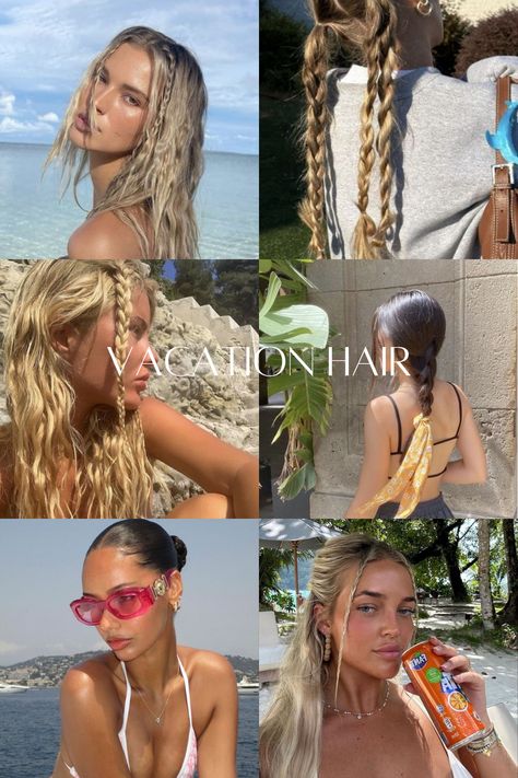 Few hairstyles for you to try at your next vacation.  Pool hairstyles, summer hairstyles, blondes, brunettes, wavy hair, long hair, vacation, traveling Love Island Hairstyles, Hair Styles Vacation, Hairstyles For Greece, Hairstyles For Europe, Beach Hairstyles Straight Hair, Italy Hairstyles Women, Long Hair Pool Hairstyles, After Beach Hairstyles, Tropical Vacation Hairstyles