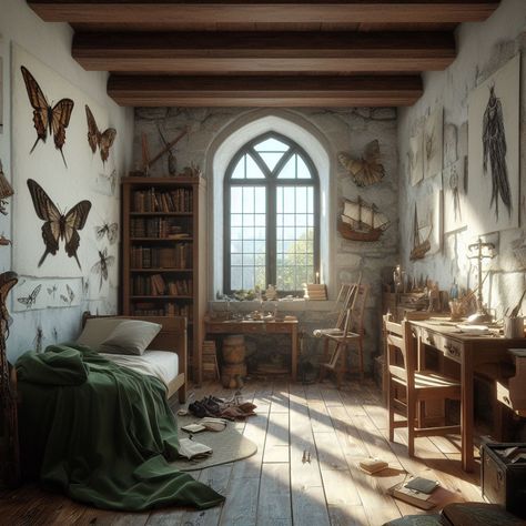 Image of an artist’s bedroom, DND concept art, Ai Generated Inventors Room Concept Art, Steampunk Room Concept Art, Medieval Bedroom Concept Art, Fantasy Dorm Room Concept Art, Concept Art Bedroom, Fantasy Room Concept Art, Fantasy House Interior Art, Dnd Bedroom, Fantasy Bedroom Concept Art