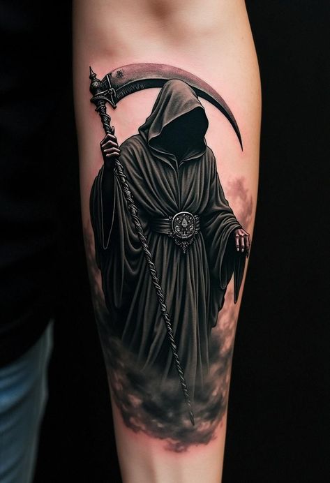 grim reaper tattoos Men Back Tattoos, Grim Reaper Tattoo Designs, Reaper Tattoo Designs, Honey Badger Tattoo, Grim Reaper Tattoos, Badger Tattoo, Gargoyle Tattoo, Tattoo Ideas Males, Painless Tattoo