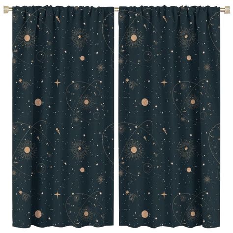 PRICES MAY VARY. ✵ Size✵: Please note that a package has two panels that together form a curtain. Single panel size: 42"(W)×84"(L). Two panel sizes: 84"(W)×84"(L). ✵ Material✵：The curtain is made of polyester fiber, which has a soft, skin-friendly feel and is durable. (Note: newly opened curtains may have certain wrinkles that will ease and disappear after hanging or ironing). ✵ Decorative Design✵：The curtain is in the form of a rod pocket, with a 3-inch hole above it that can be passed through Constellation Room Ideas, Astronomy Aesthetic Bedroom, Celestial Curtains, Starry Curtains, Space Curtains, Dark Nautical, Constellation Room, Boys Curtains, Galaxy Room