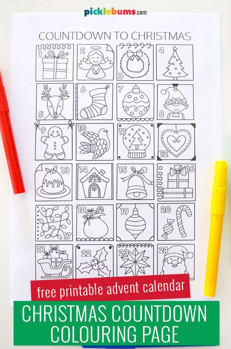 Advent Calendar Colouring Page - Free Printable - Picklebums Catholic Advent Activities For Kids Free Printable, Advent Coloring Pages, Free Printable Advent Calendar, Christmas Countdown Printable, Christmas Colouring Pages, December Kindergarten, Advent Crafts, Santa Letters, Advent Calendar Activities