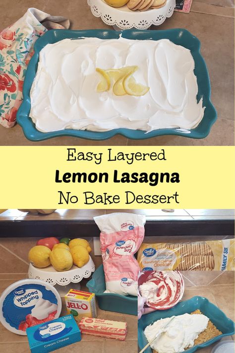 Easy Layered Lemon Lasagna No Bake Dessert - Acadiana's Thrifty Mom Lemon Creme, Lemon Lasagna Dessert, Lemon Recipes Easy, Lemon Lasagna, Lemon Garnish, Lasagna Dessert, Nobake Dessert, Recipe Lasagna, Dessert Lemon