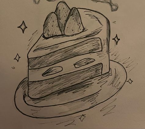 Cake Sketch Drawings, Birthday Sketch Art, Cute Sketches Aesthetic Easy, Fun Things To Sketch, Aesthetic Drawing Sketches, Food Sketches, Cake Sketch, Cake Drawing, Cool Pencil Drawings