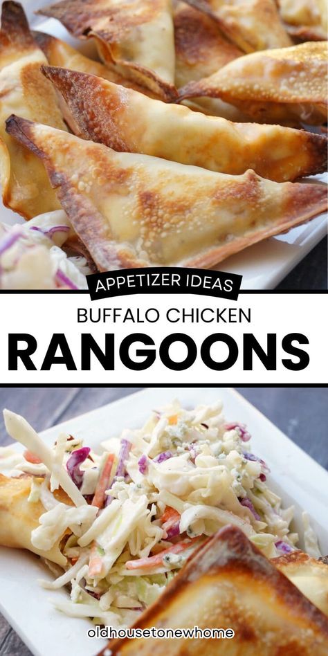 Oven Baked Buffalo Chicken Rangoons. Have you ever had them? They are cream cheese, crab meat, and seasonings, all mixed up together in a crunchy fried won ton. Buffalo Chicken Rangoons, Ranch Slaw, Won Ton, Baked Buffalo Chicken, Snack Hacks, Creamy Ranch, Bleu Cheese, Wonton Wrappers, Coleslaw Mix