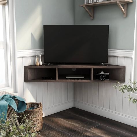 Corner Tv Console Ideas, Floating Corner Tv Stand, Mounted Corner Tv, Corner Tv Mount, Oak Corner Tv Stand, Corner Entertainment Center, Corner Tv Console, Coin Tv, Floating Tv Console