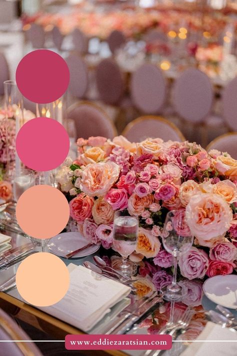 Explore the romance and drama of a sunset-inspired wedding color scheme, featuring deep pinks, oranges, hints of purple, and delicate shades of blush, coral, and peach. Click through for floral arrangement ideas and Eddie Zaratsian's expert event design tips. Rose Colored Wedding Theme, Peach And Pink Decor, Color Ideas For Weddings Colour Palettes, Summer Time Wedding Colors, Peach Decorations Wedding, Different Shades Of Pink Wedding Theme, Wedding Shades Of Pink, Pink Orange Floral Arrangements, Pink Wedding Palette Colour Schemes