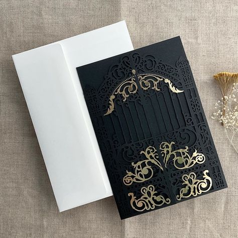 Black Castle Gate Lasercut Jacket for 5x7 inch Invitation | Pack of 10 | Envelopes Included Invitation Jackets and Overlays by Ivory Invitations | Minted Gala Invitation, Castle Gate, Black Castle, Invitation Envelope, Invitation Envelopes, Invitation Card Design, Envelope Liners, Wax Seals, Invitation Card