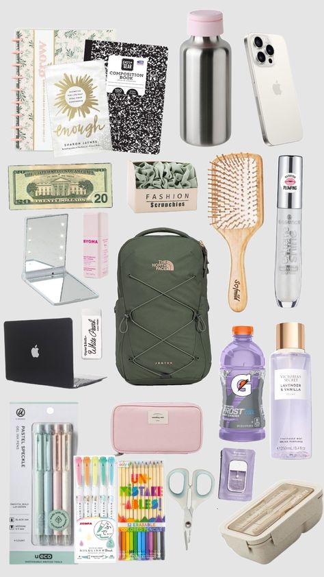 school backpack essentials #school Types Of School Bags, School Backpack Essentials List, School Shopping Aesthetic, Backpack Essentials Highschool, 7th Grade Backpacks, What To Put In Your School Bag, Bag Necessities, College Backpack Essentials, Middle School Lockers