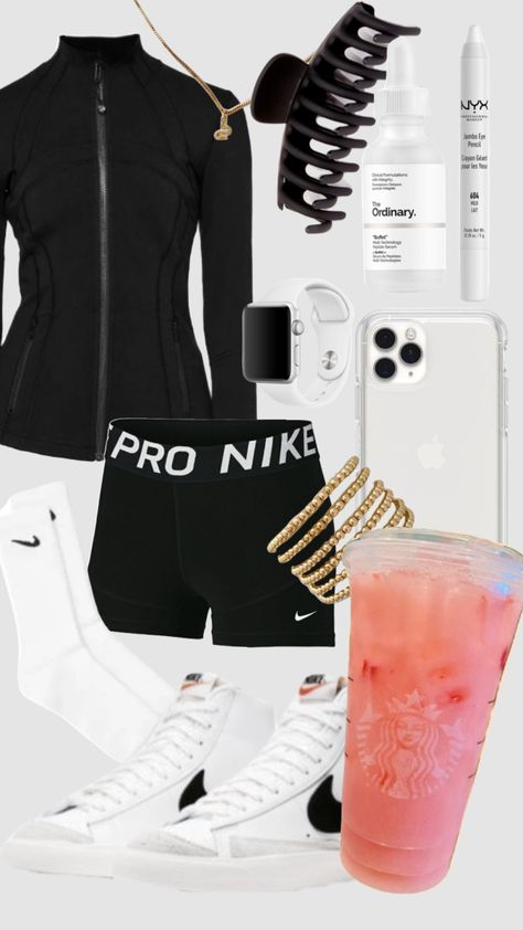 #fit #fitinspo #outfitinspo #nike #nikepros Outfits To Wear With Nike Pros Shorts, How To Style Nike Pros Shorts, What To Wear With Black Nike Shorts, Cute Outfits With Nike Shoes, Black Nike Pro Shorts Outfit, Styling Nike Pros, Nike Pros Under Sweatpants Outfit, Nike Pro Shorts Outfit Casual, Nike Pro Under Sweatpants Outfit