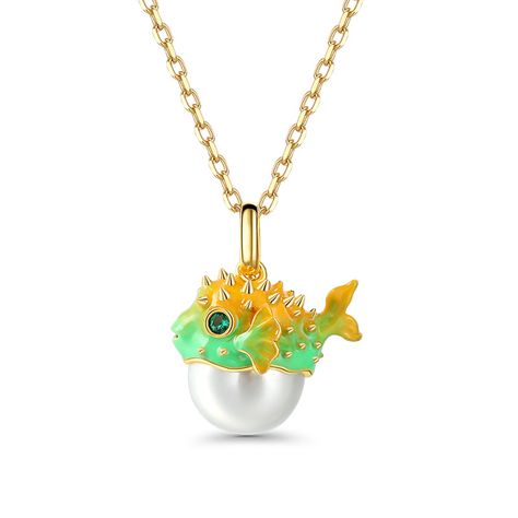 One of the oceans most beguiling creatures, this Puffer fish pendant is sure to receive attention whenever it is worn. The fine spots, eyes, and caudal fin are all depicted, and the body is also carefully decorated with a cultured pearl. A baby puffer fish in yellow gold tone with a small round emerald in each eye is cute enough for anyone to wear.Carat Weight: 7.69 ctStone Size: 2,10 mmNumber of Stones: 3 Stone Shape: RoundStone Color: Emerald Green, Pearl WhiteChain Type: Cable chainWeight: 7. Kids Jewellery, Dreamy Garden, Fish Jewelry, Yellow Pearl, Fish Necklace, Puffer Fish, Fish Pendant, Classic Necklace, Gifts For My Wife