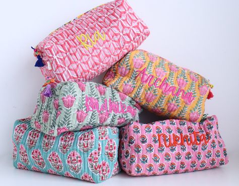 Personalize your cosmetic pouches! Makes for a great gift to friends, bridesmaids or as party favors. Pick an assortment of block print fabric cosmetic pouches. Large and spacious, the bags will fit full size bottles of your favorite toiletries.  These make for fun gifts! Pick these as Bridesmaid gifts, for travel essentials, makeup storage, for storing delicates or for hoarding stationery if you like. These spacious bright bohemian bags will add a ray of sunshine to your day! Our Floral pouch f Personalized Toiletry Bag, Cute Makeup Bags, Hand Painted Beads, Make Up Bags, Bohemian Bags, Indian Block Print, Block Printing Fabric, Makeup Bags, Toiletry Storage