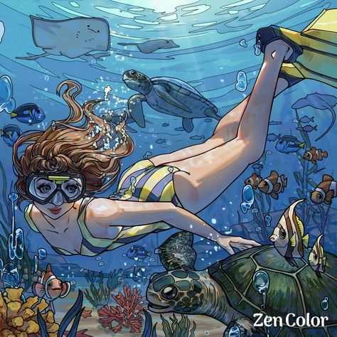 Grade 1 Art, Zen Pictures, Analogous Color Scheme, Zen Colors, Scuba Girl, Creative Drawing, Ocean Art, Tropical Fish, Girl Drawing