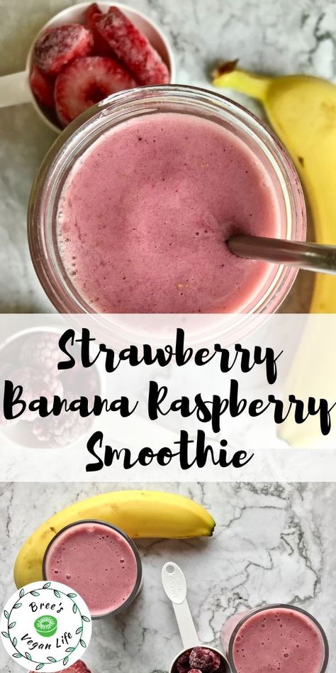 This strawberry banana raspberry smoothie is healthy and easy to make. It is vegan, dairy-free, and made with almond milk. #breesveganlife #vegansmoothies Banana Raspberry Smoothie, Strawberry Smoothie Recipes, Boost Juice, Strawberry Blueberry Smoothie, Blueberry Smoothie Recipe, Banana Apple Smoothie, Banana Diet, Banana Smoothie Bowl, Smoothie Recipes Strawberry