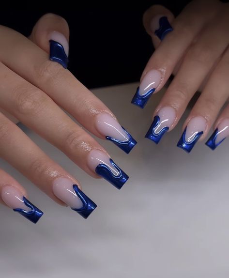 Elegant Blue Nail Designs, French Nails Blue Design, Metallic Blue French Tips, Blue French Design Nails, Metallic Blue Acrylic Nails, Blue And Sliver Nails Ideas, Manon Nails, Blue Classy Nails, Blue Crome Nails French