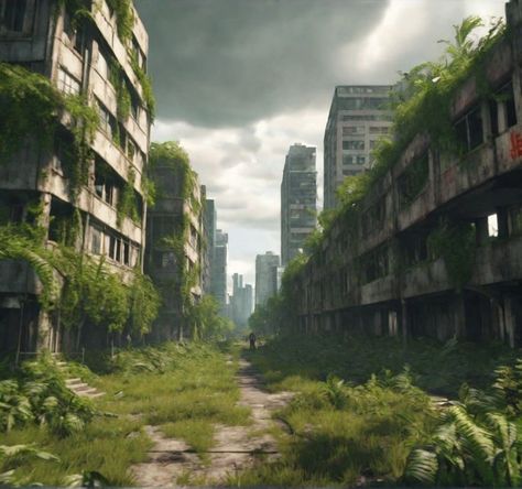 City Ruins Aesthetic, Overgrown Apocalypse Aesthetic, Post Apocalyptic Art Ruins Cities, Fantasy Abandoned City, City Overtaken By Nature, Ruined City Aesthetic, Overgrown City Concept Art, Overgrown City Art, Abandoned City Concept Art