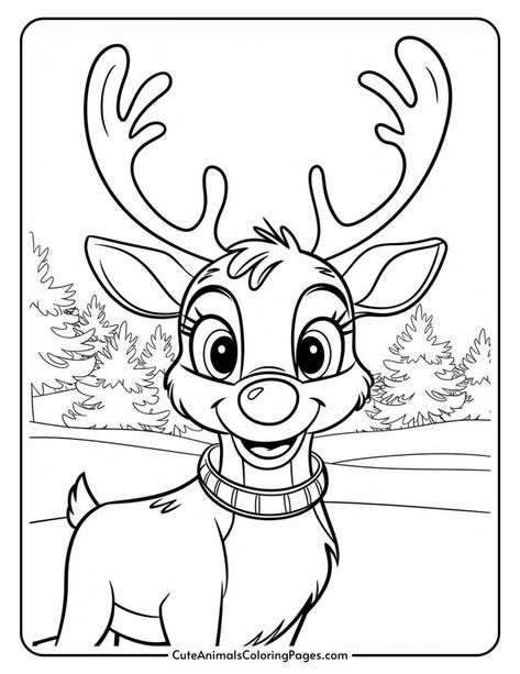 A cheerful cartoon reindeer with large antlers, wearing a striped collar, standing in a snowy landscape surrounded by trees, designed for coloring activities. Rudolf The Red Nosed Reindeer Drawing, Rudolph Coloring Pages Free Printable, Cartoon Coloring Pages Free Printable, Rudolph The Red Nosed Reindeer Drawing, Rudolf Drawing, Reindeer Drawing Easy, Santa Coloring Pages Free Printable, Rudolph Drawing, Reindeer Drawings