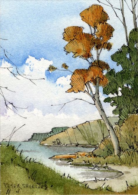 Watercolour And Ink Landscape, Landscapes Watercolor Paintings, Ink Over Watercolor, Watercolour And Fineliner Art, Pen And Ink Drawings With Watercolor, Watercolor Illustration Landscape, Old Art Painting, Line And Wash Watercolor, Watercolor And Ink Art