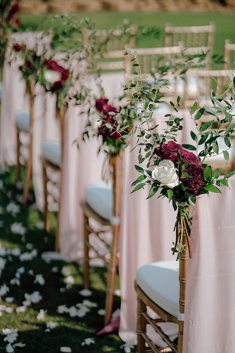 Burgundy wedding chair floral markers with gold chairs | Blush outdoor ceremony decorations | light pink pinkgarden aisle ideas - Madiow Photography | This Timeless Burgundy Wedding has All The Spring Inspiration You Need #weddingarch #weddingceremony Ceremony Decorations Outdoor, Burgundy And Blush Wedding, Tafel Decor, Wedding Chair Decorations, Aisle Flowers, Wedding Aisle Decorations, Wedding Chair, Aisle Decor, Wedding Aisle