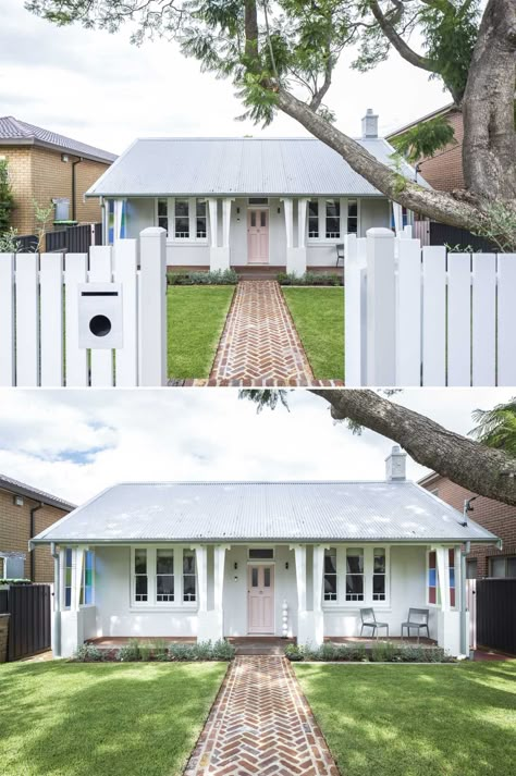 Recycled Brick Front Fence, Recycled Brick Path, Recycled Brick Fence, White Brick Fence, Brick Cottage Exterior, Small Brick Patio, Australian Country Houses, Airbnb Cabin, Front Path