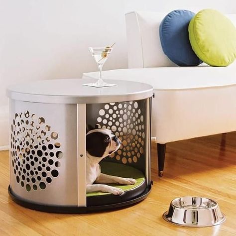 Dog crates disguised as furniture: This circular dog crate with sunburst perforations is also a great-looking end table. Coffee Table Dog Bed, Table Dog Bed, Pet Crate Furniture, Milk Crate Furniture, Crate Side Table, Crate Bench, Dog Crate End Table, Double Dog Crate, Crate Coffee Table