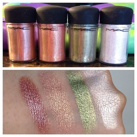 Swatches of Mac Pigments that I own! #tan#melon#goldenolive#vanilla… 2022 Makeup, Mac Pigment, Makeup Swatches, Melon, Vanilla, Mac, Make Up, To Create, Makeup