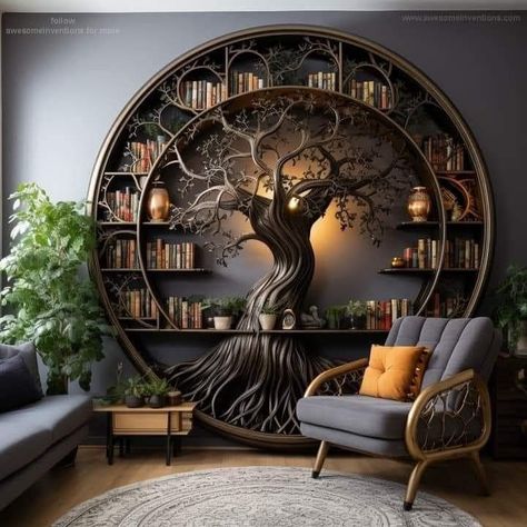 Geeky Interior Design, Nerdy Interior Design, Fantasy House Decor, Library Ideas For Home, Nerdy Living Room, Nerd Living Room, Magical Bookshelf, Book Shelf Ideas, Home Library Design Ideas