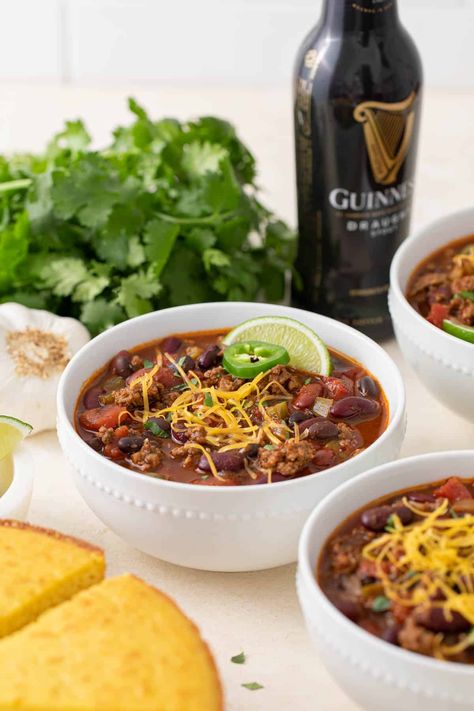 Classic chili gets a twist in this rich and hearty Beer Chili! It's loaded with ground beef and an assortment of beans in a deliciously seasoned broth with a hint of flavor from your favorite beer. Chili With Beer, Shredded Beef Chili, Ground Beef And Beans, Ground Turkey Chili Recipe, Beer Chili Recipe, Cowboy Chili, Beef And Beans, Ground Turkey Chili, Beer Chili