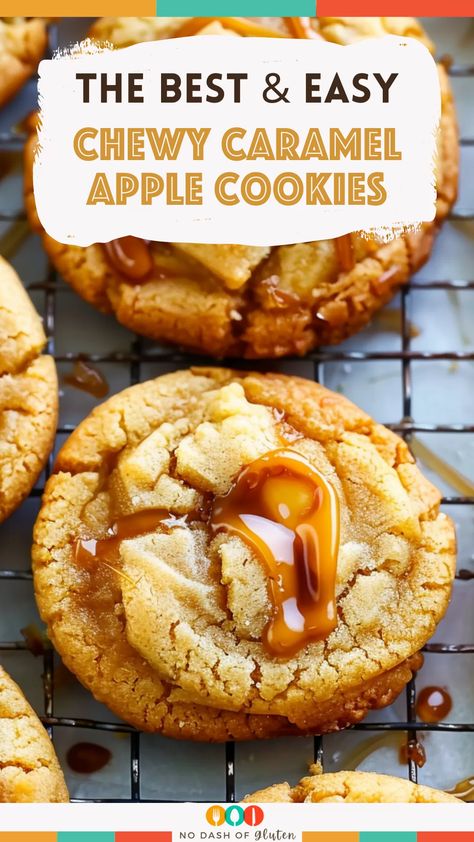 These Chewy Caramel Apple Cookies are the ultimate fall treat! Packed with fresh Honeycrisp apples, gooey caramel centers, and a warm cinnamon sugar coating, these cookies are soft, chewy, and irresistible. They’re perfect for cozy nights or holiday gatherings. Want to impress your friends and family? Try this easy-to-make recipe today! Carmel Christmas Cookies, Caramel Apple Scones, Caramel Apple Pie Cookies Recipes, Gooey Cookies Recipes, Caramel Apple Oatmeal Cookies Recipes, Gluten Free Caramel Apple Cookies, Candy Apple Cookies, Carmel Apple Cookies Recipe, Apple Crumble Cookie Recipe