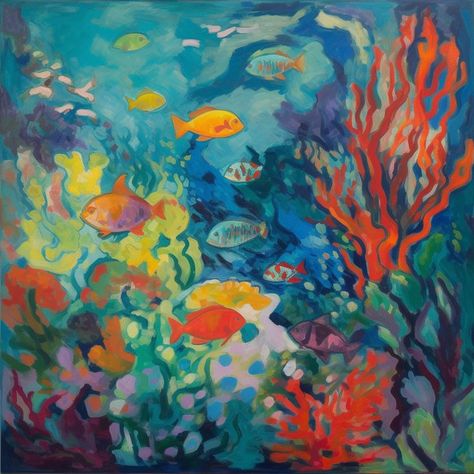 Aquatic Life Art, Oil Painting Underwater, Watercolor Underwater Scene, Oil Pastel Sea Creatures, Ocean Creatures Painting, Vibrant Watercolor Paintings, Underwater Scene Painting, Underwater Painting Ideas, Fish In Water Painting