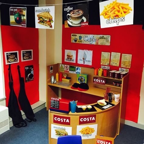 Costa Coffee Cafe Role Play Area, Cafe Role Play, Role Play Areas Eyfs, Role Play Shop, Reception Classroom, Dramatic Play Themes, Kids Role Play, Role Play Areas, Play Corner