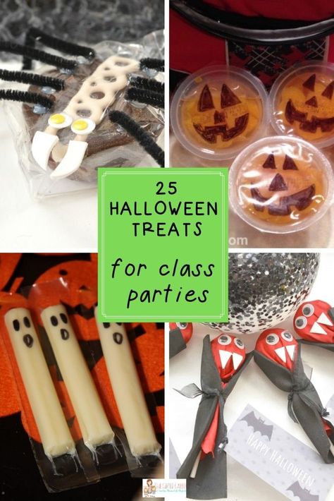 Halloween Treats School Party, Halloween Class Party Snack Ideas, Healthy Halloween Classroom Snacks, Treats For Halloween For School, Kids School Halloween Party Treats, Halloween Party Food For School, Class Snacks Halloween, Healthy Halloween Goodie Bags, Healthy School Halloween Snacks