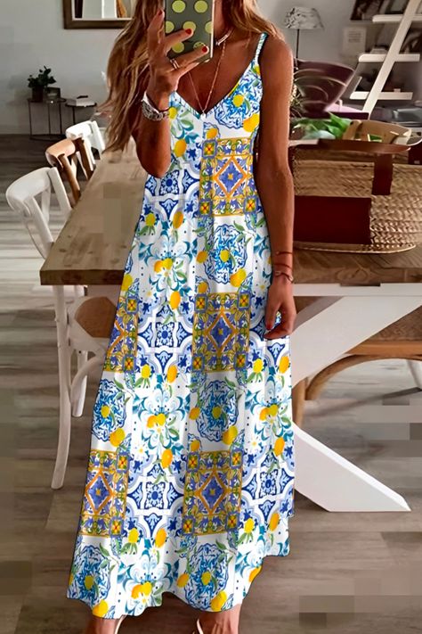 Sicilian Tiles, Summer Mediterranean, Heels Sneakers, Italy Outfits, Lemon Dress, Suspender Dress, Long Summer Dresses, Mediterranean Style, Dress Clothes For Women