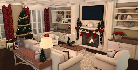 Bloxburg Christmas House Living Room, Bloxburg Ideas Christmas, Winter House Ideas Bloxburg, Cozy Christmas Bloxburg House, Bloxburg Christmas House Decor, Bloxburg House Ideas Christmas Layout, Christmas Bloxburg Interior, Bloxburg Winter Living Room, Bloxburg Winter House Interior