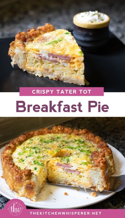 Tater Tot Breakfast Pie. Crispy tater tots make up the crust to this creamy egg filled ham & cheese breakfast pie! Perfect for a crowd and breakfast for dinner! #breakfast#egg#breakfastpie Ham Cheese Breakfast, Breakfast Ideas For A Crowd, Breakfast Pie, Egg Pie, Tater Tot Breakfast, Breakfast For A Crowd, Casserole Easy, Cheese Breakfast, Savory Pies