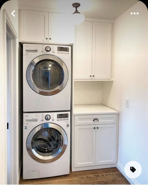 Airbnb Laundry Room Ideas, Small Washer Dryer Space, Laundry Room Ideas With Stacked Washer, Laundry Room Ideas Stacked Washer Dryer Storage, Tiny Laundry Room With Stackable Washer And Dryer, Stacked Front Loader Laundry Room Ideas, Laundry Room Cabinet Ideas Stackable, Laundry Tower Washer And Dryer, Washer Tower Laundry Room