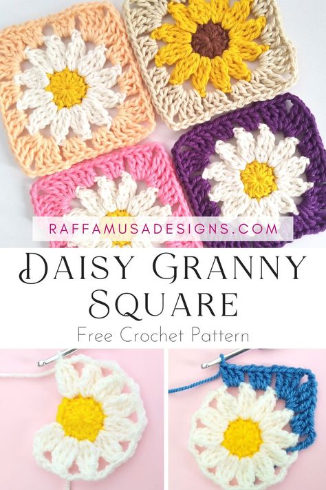 a collage of pictures showing daisy granny squares crocheted in different yarn colors Crochet Flower Granny Square Pattern, Daisy Granny Square, Granny Square Pattern Free, Motifs Granny Square, Crochet Flower Squares, Granny Square Crochet Patterns Free, Clothes Tutorial, Clothes Crochet, Crochet Daisy