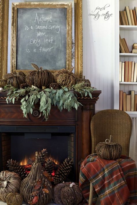 Simple natural autumn    such as pumpkins    acorns    and bowls of fresh fruit          Simple, natural autumn is my favorite.   And out i... Mantel Styling, Natural Fall Decor, Vibeke Design, Fall Mantle, Fall Decor Inspiration, Autumn Decorating, Fall Mantel, French Country Cottage, The Fireplace