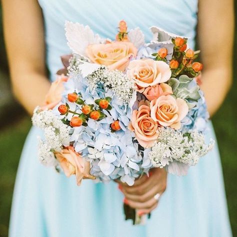 Pastel Blue Bridesmaid, Pastel Blue Bridesmaids Dresses, Light Blue Wedding Colors, Blue Orange Weddings, Orange Wedding Themes, Light Blue Bridesmaid Dresses, Light Blue Bridesmaid, Baby Blue Weddings, Wedding Themes Spring