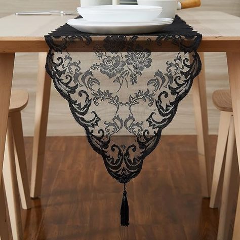 Amazon.com: WARM HOME DESIGNS Mothers Day Table Runner. Short Length 14 x 36 Black Table Runner. Lace Table Runner Features Rose Design & 2 Attached Tassels. Wedding Table Runner from Lace Fabric. MTR Black 36" : Home & Kitchen Ivory Table Runner, 90 Inch Round Tablecloth, Round Tablecloth Sizes, Lace Shower Curtains, Black Table Runner, Gothic Table, Gold Table Runner, Beautiful Dining Table, White Table Runner