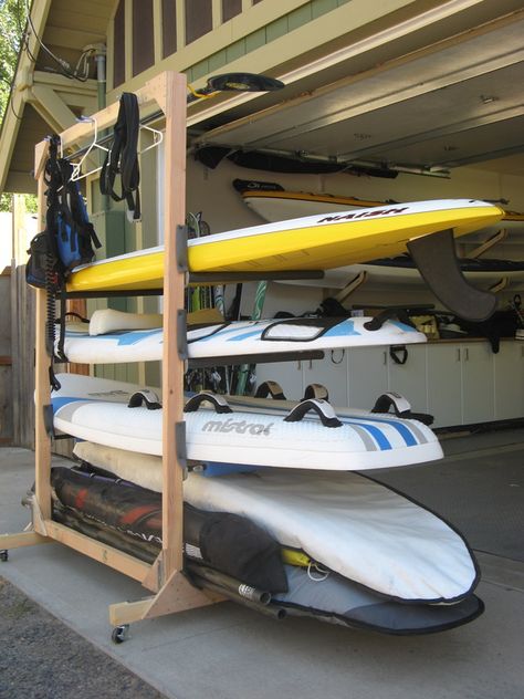 How do you store your SUP's?                                                                                                                                                      More Sup Storage Ideas, Sup Board Storage, Paddle Board Rack Diy Storage Ideas, Windsurf Storage, Sup Rack, Sup Storage, Paddle Board Storage, Paddleboard Rack, Skateboard Rack