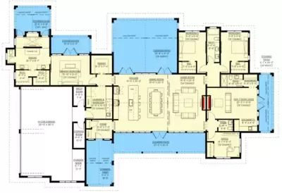 3 or 4 Bed New American Ranch House Plan with Flex Guest Suite - 2933 Sq Ft - 330023WLE | Architectural Designs - House Plans American Ranch House, Four Car Garage, In Law House, Communal Space, Ranch House Remodel, Floor Plans Ranch, Covered Patios, Ranch House Plan, Laundry Mudroom