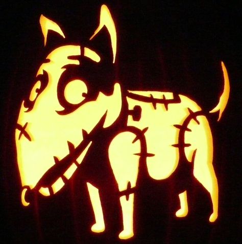 Carved Pumpkin- Sparky from Frankenweenie.  Pattern by  zombiepumpkins.com Frankenweenie Pumpkin, Zombie Pumpkins, Halloween Pumpkin Stencils, Pumpkin Stencils, Pumkin Carving, Halloween Pumpkin Carving Stencils, Creative Pumpkin Carving, Dog Pumpkin, Pumpkin Carving Designs