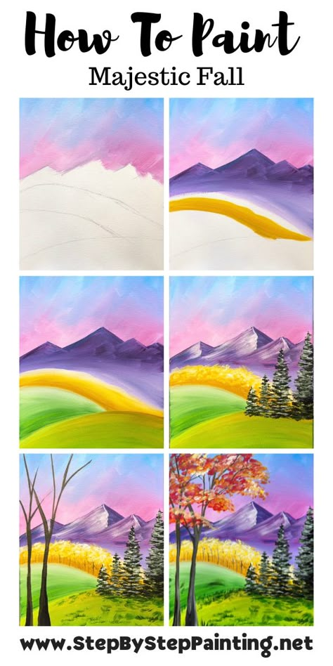 How To Paint "Majestic Fall Landscape" - Acrylic Painting Tutorial Winter Painting Tutorial, Fall Acrylic Painting, Acrylic Landscape Paintings, Rainbow Landscape, Art Paint Party, Fall Landscape Painting, Purple Mountains, Fall Canvas Painting, Landscape Acrylic