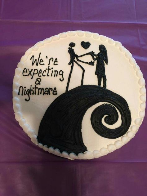 Cute gender reveal cake! Horror Theme Gender Reveal, Jack Skellington Gender Reveal, Tim Burton Gender Reveal, Emo Gender Reveal, Adams Family Gender Reveal, Gender Reveal Cake Halloween, Gender Reveal Ideas For Party Halloween, Nightmare Before Christmas Gender Reveal Ideas, Jack Or Sally Gender Reveal