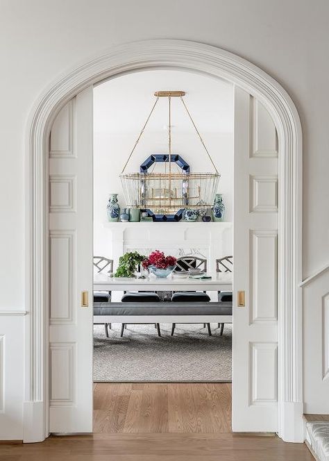 Arch Doorway With Pocket Door, Arch With Pocket Door, Arched Glass Pocket Doors, Dining Room Pocket Doors, Arched Office Doors, Arched Pocket Doors Interior, Arch Pocket Door, Pocket Doors Office, Arch Glass Door