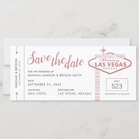 Las Vegas Wedding Plane Ticket Save the Date Card  Zazzle Ticket Save The Date, Boarding Pass Save The Date, Las Vegas Destination Wedding, Vegas Theme, Vegas Sign, Vegas Weddings, Vegas Party, Plane Ticket, Las Vegas Wedding