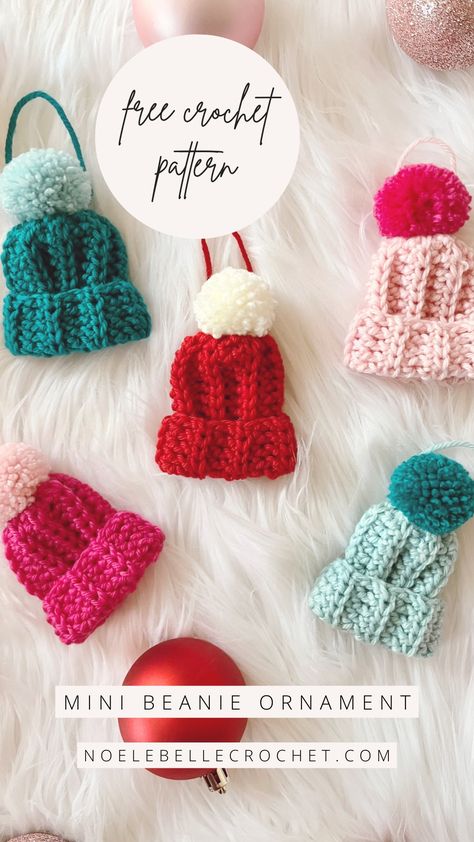 Mini Campfire Beanie Ornament - Free Christmas Crochet Pattern - Noelebelle Crochet Mini Crochet Hat Ornaments, Mini Crochet Beanie, Crochet Hat Ornaments Free Pattern, Mini Hat Crochet Pattern, Mini Crochet Hat, Crochet Favors, Crochet Mini Hat, Beanie Ornament, Free Christmas Crochet